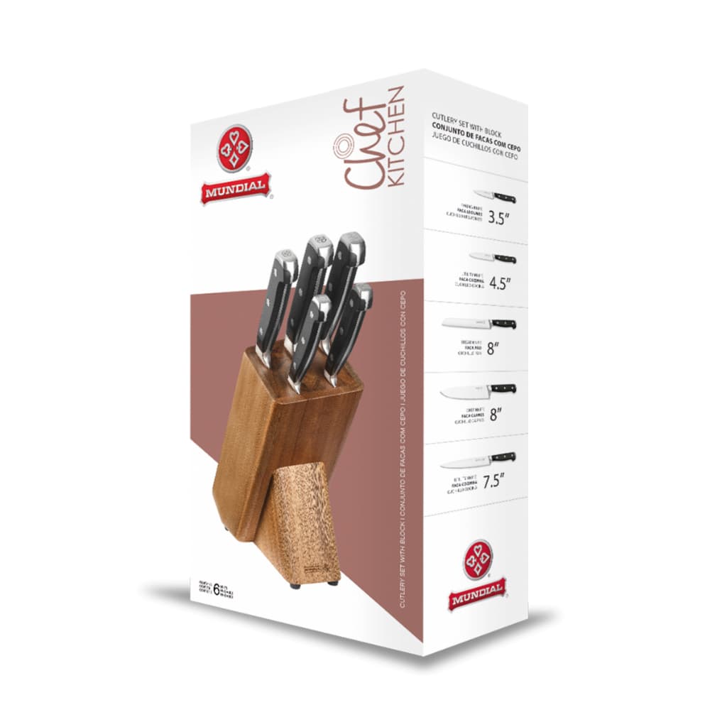 Jogo de Facas com Cepo em Madeira Chef Kitchen Mundial 5 Peças 8800-5