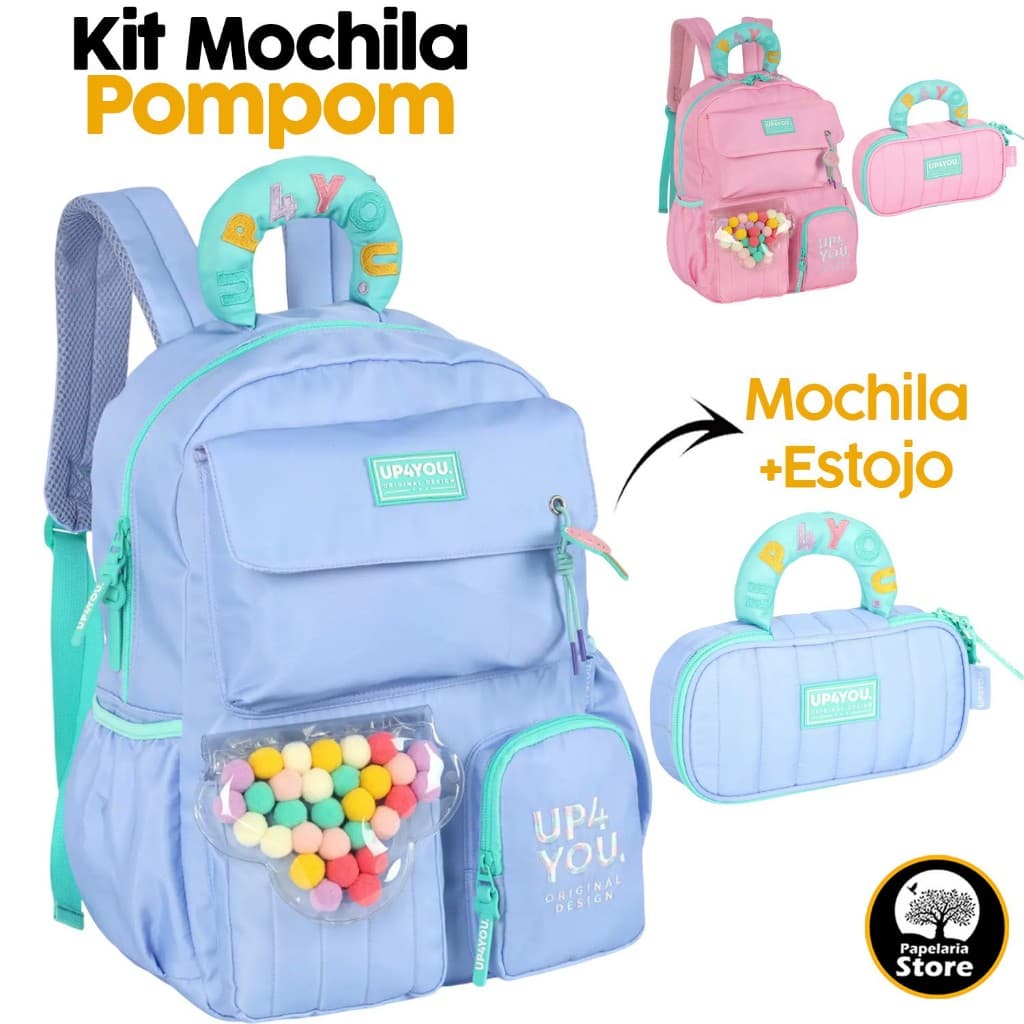 Kit Mochila De Costas Pompons + Estojo Lilás Rosa Feminina Escolar Infantil