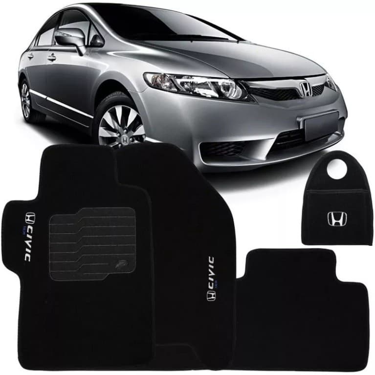 Jogo Tapete Lixeira Carpete New Civic 2007 2008 2009 2010 2011 2012 2013 Logo Bordado
