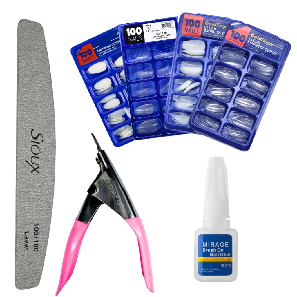 Kit Alongamento De Unha Alicate Cortador de Tips + Cola com Pincel + Lixa Bumerangue + 100 Unhas Postiças