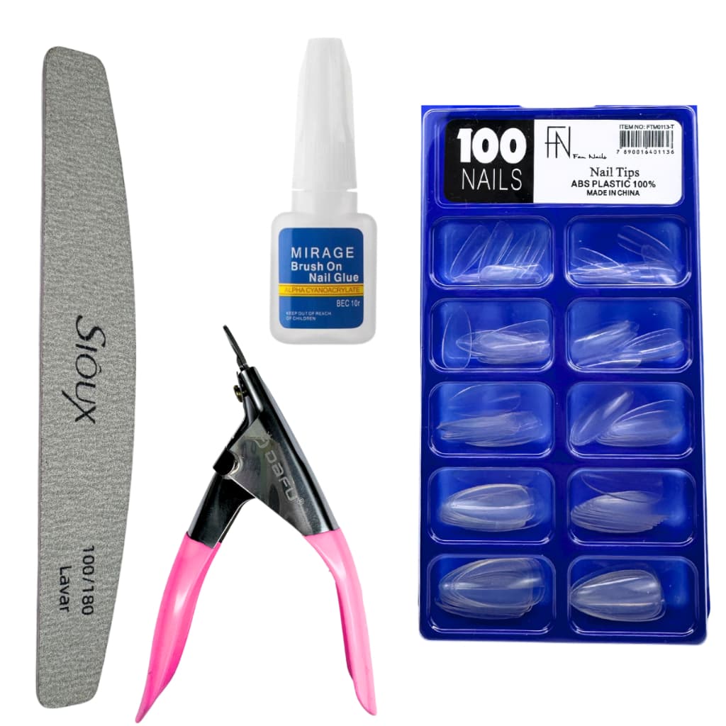 Kit Alongamento de Unha - Alicate + Unha amendoada transparente + Cola Unha+ Lixa