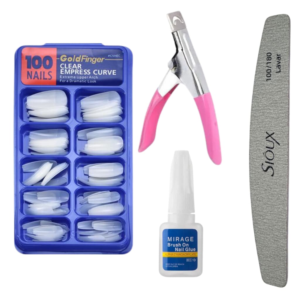 Kit Alongamento de Unha - Alicate + Unha Bailarina Leitosa + Cola com Pincel + Lixa