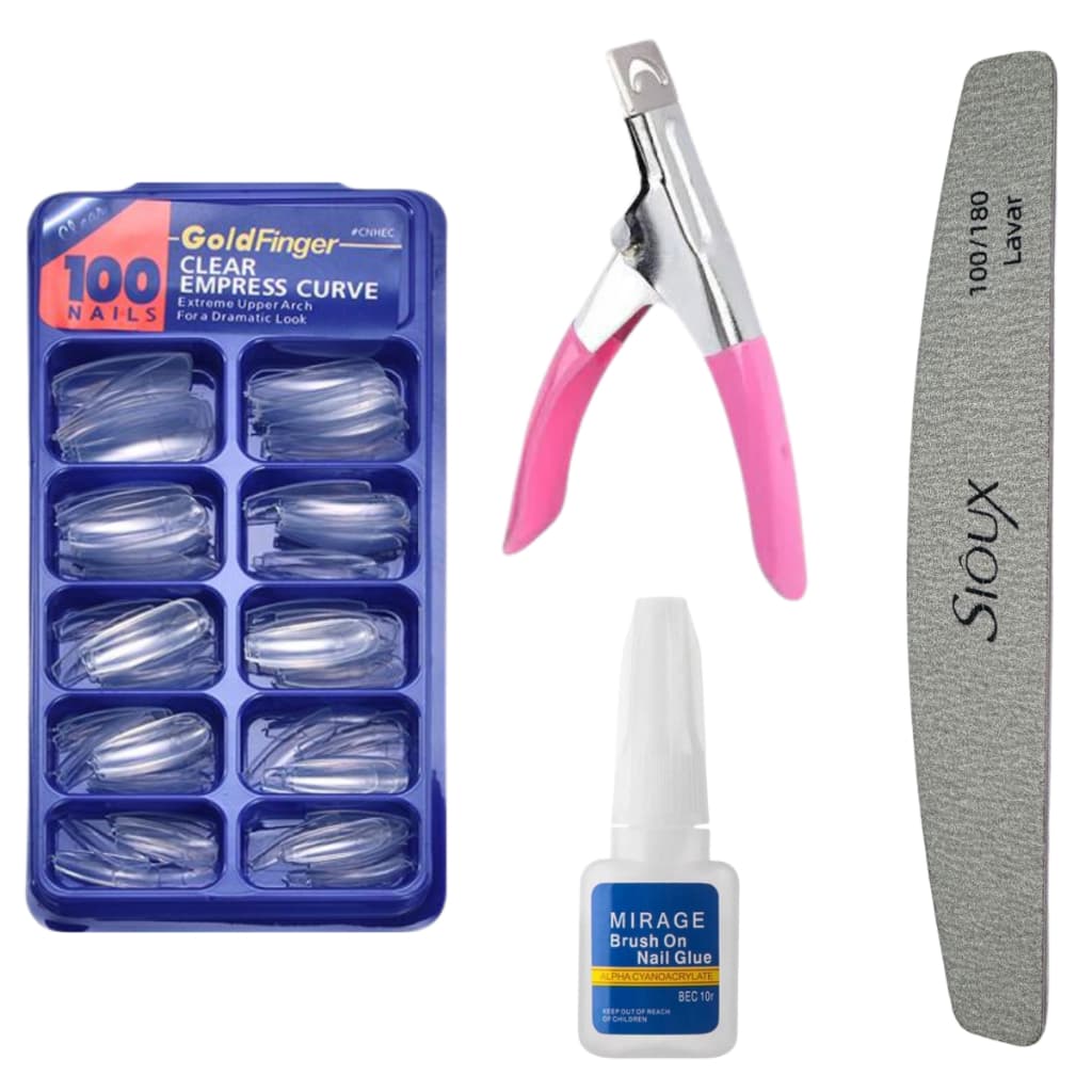 Kit Alongamento de Unha - Alicate + Unha Bailarina Transparente + Cola com Pincel + Lixa