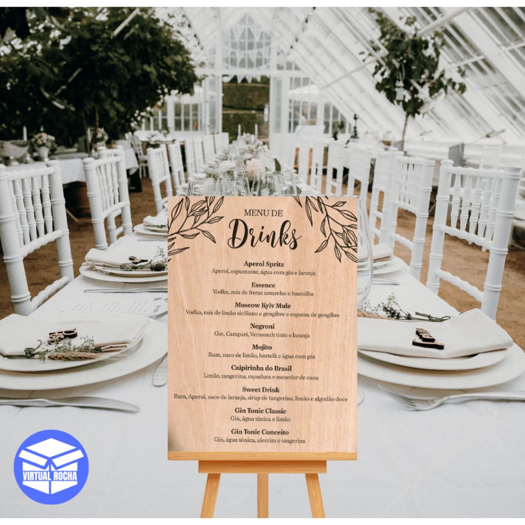 Quadro Decorativo Placa Mesa Recepção Menu Drinks Bebidas Amadeirado Festa MDF 20x15