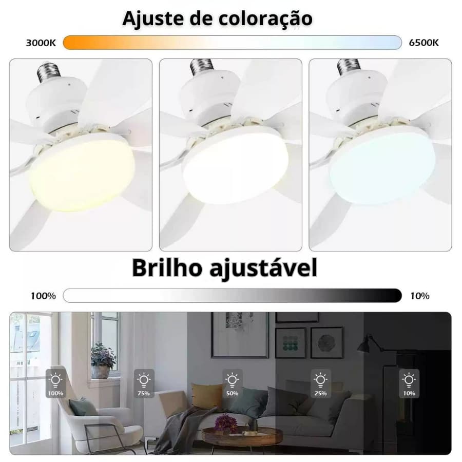 Ventilador de Teto com LED Ajustável e Lâmpadas Rotativas – Elegância e Funcionalidade