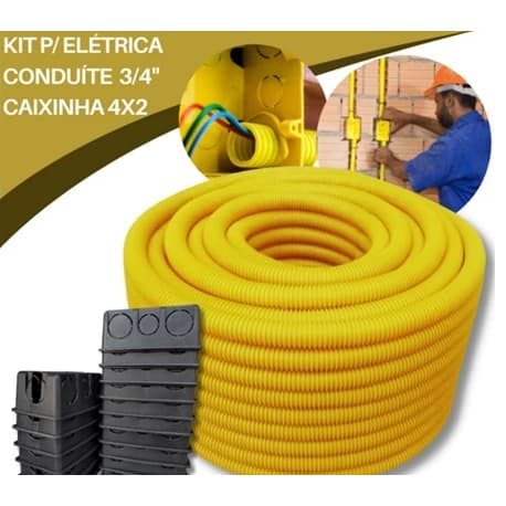 Kit 3 Conduítes Corrugados 3/4 50m Amarelo + 20 Caixinhas 4x2 preta