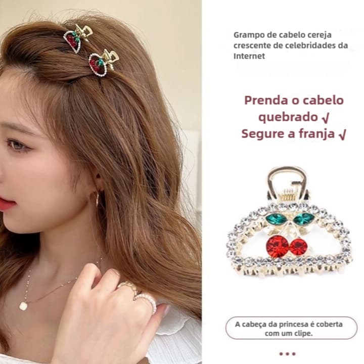 kit 3 un Mini Presilhas de Cabelo Cereja – Acessório Fofo para Penteado de Princesa
