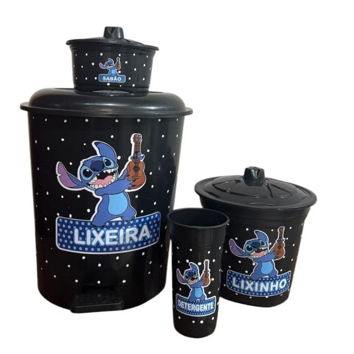 Jogo Organizador Kit Lixeira 12 Litros + Kit Pia Stitich Personalizado Cozinha Decoração