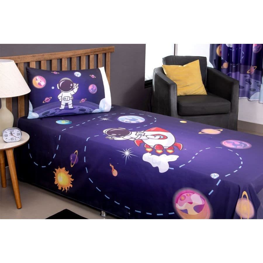 Jogo De Lençol Cobre Leito colcha de solteiro + Fronha Quarto Infantil espacial astronauta 2,50x1,45