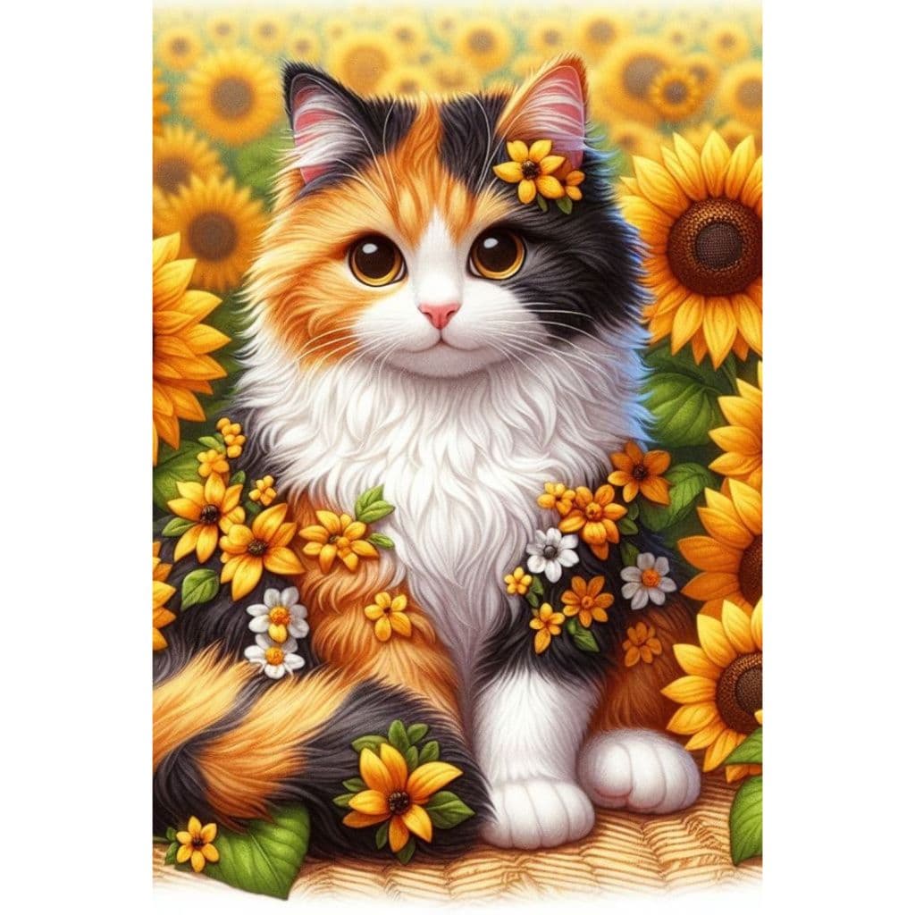 Pintura Diamante 5d Gato Tricolor Flores Girassol 30x40 Diy