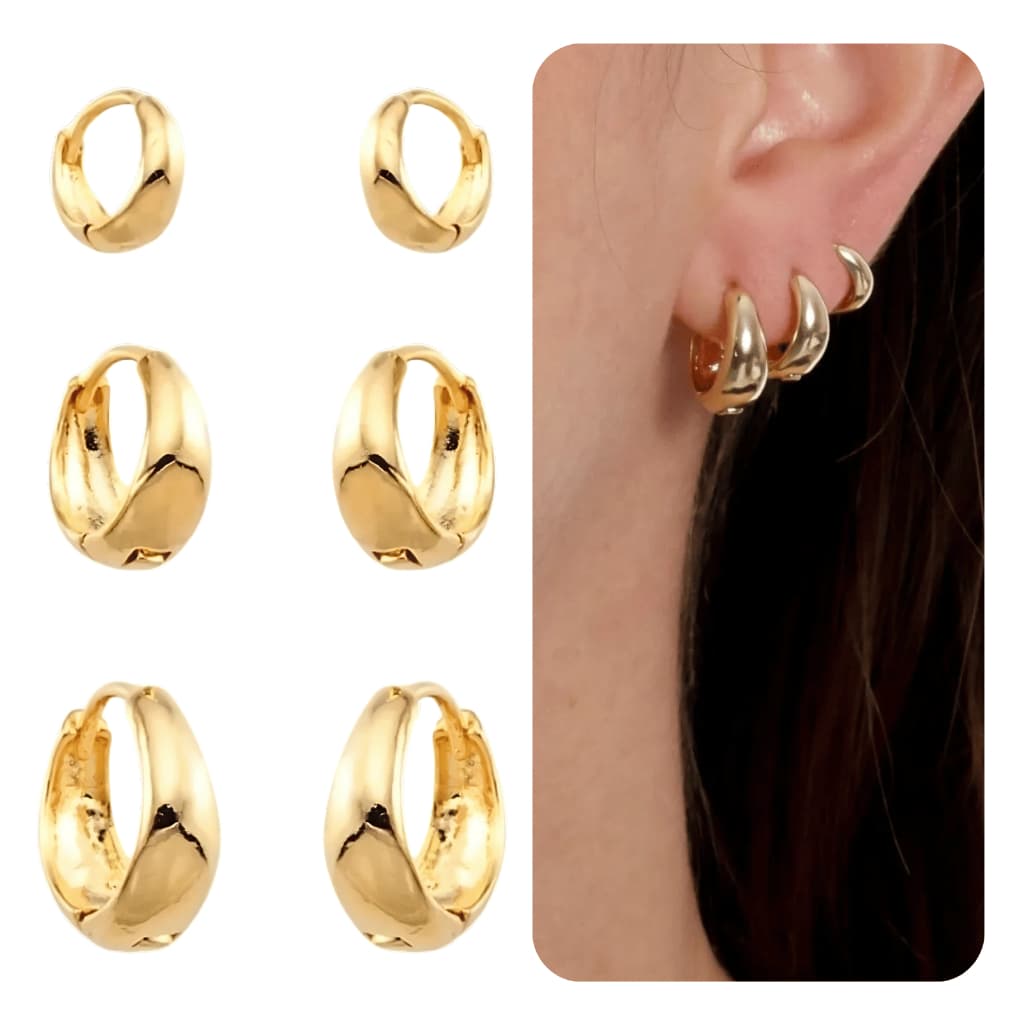 Trio Brinco de Argola Click Lisa Banhada na Prata ou Ouro 18K Antialérgico Feminino Moda