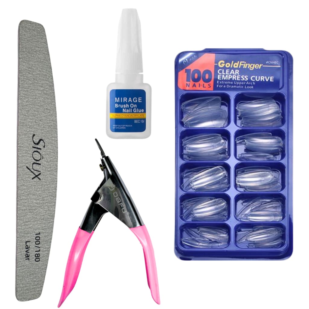 Kit Alongamento de Unha - Alicate + Unha bailarina transparente + Cola de unha + Lixa