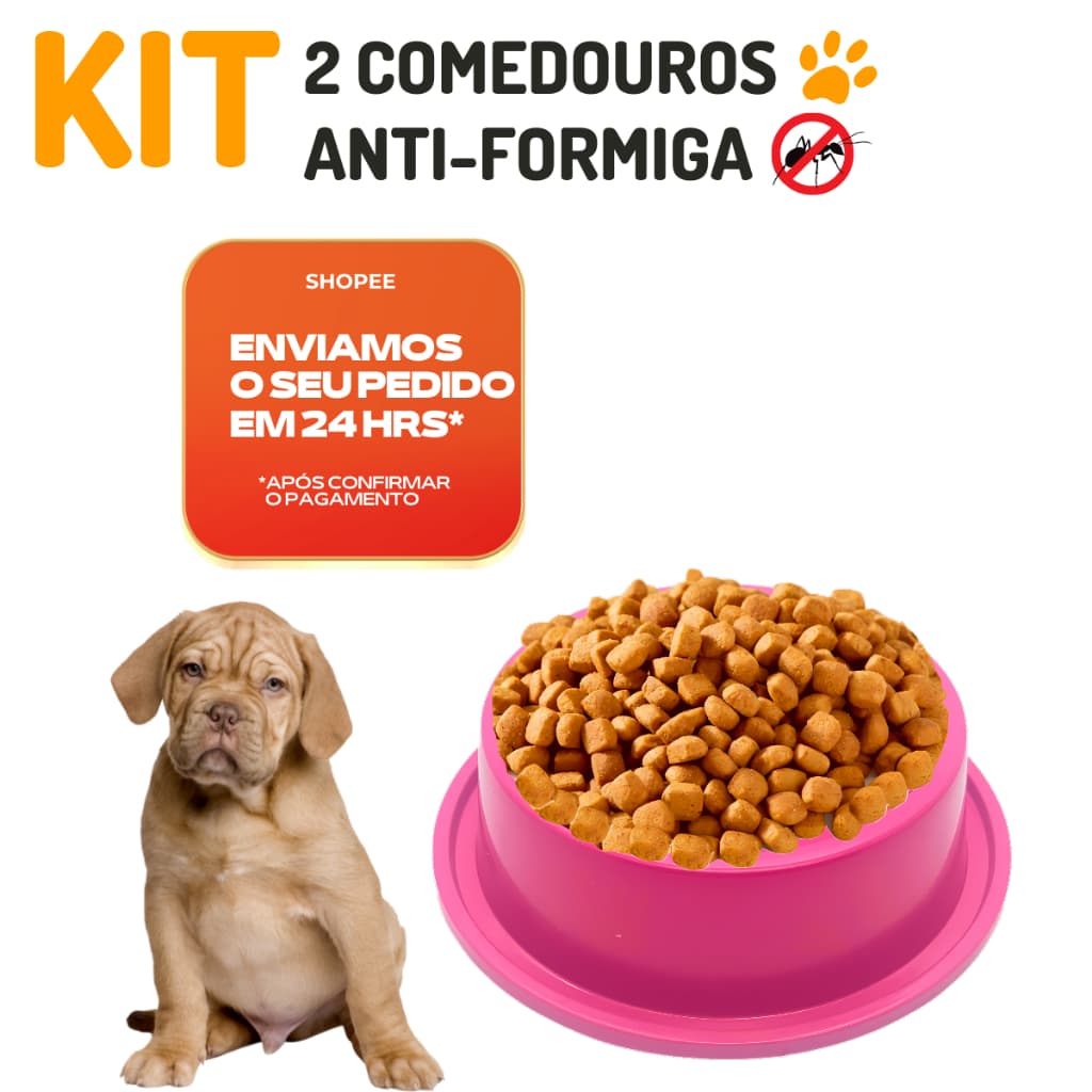 🐾 Kit 2 Comedouros Bebedouros Anti-Formiga Pet 1000ml | Cachorro Gato | Plástico Resistente Rosa