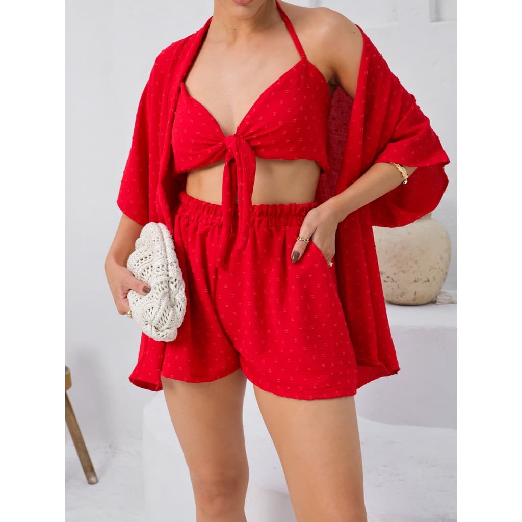 Conjunto Feminina (kimono+short+cropped) Liso （ tecido detalhado)