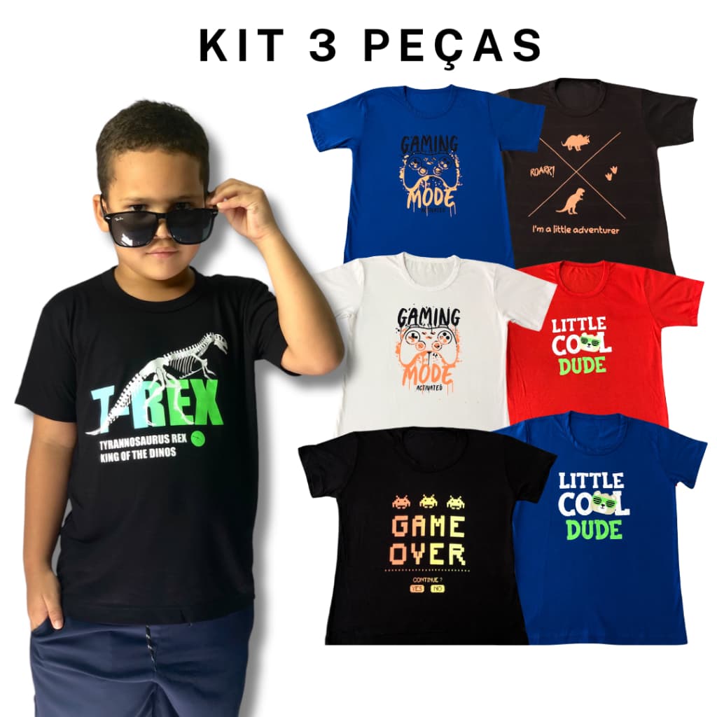 Kit Com 3 Camisetas de Algodão Infantis Masculina -  Moda Roupas de Menino