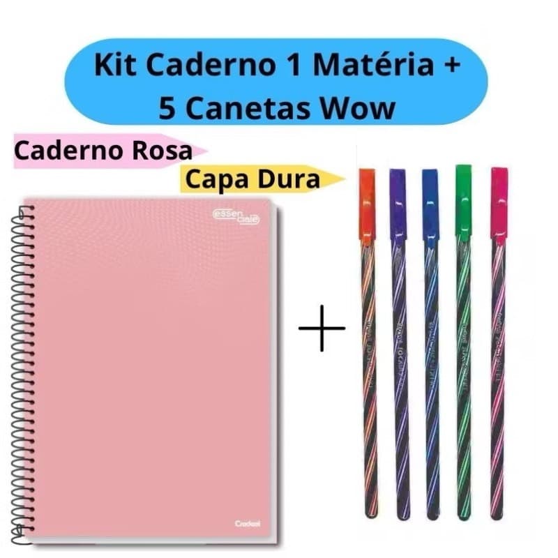 Kit Caderno Universitário 1 Matéria + 5 Canetas Wow Fundo Escuro 0.7mm Coloridas Caderno Capa Dura Escolar