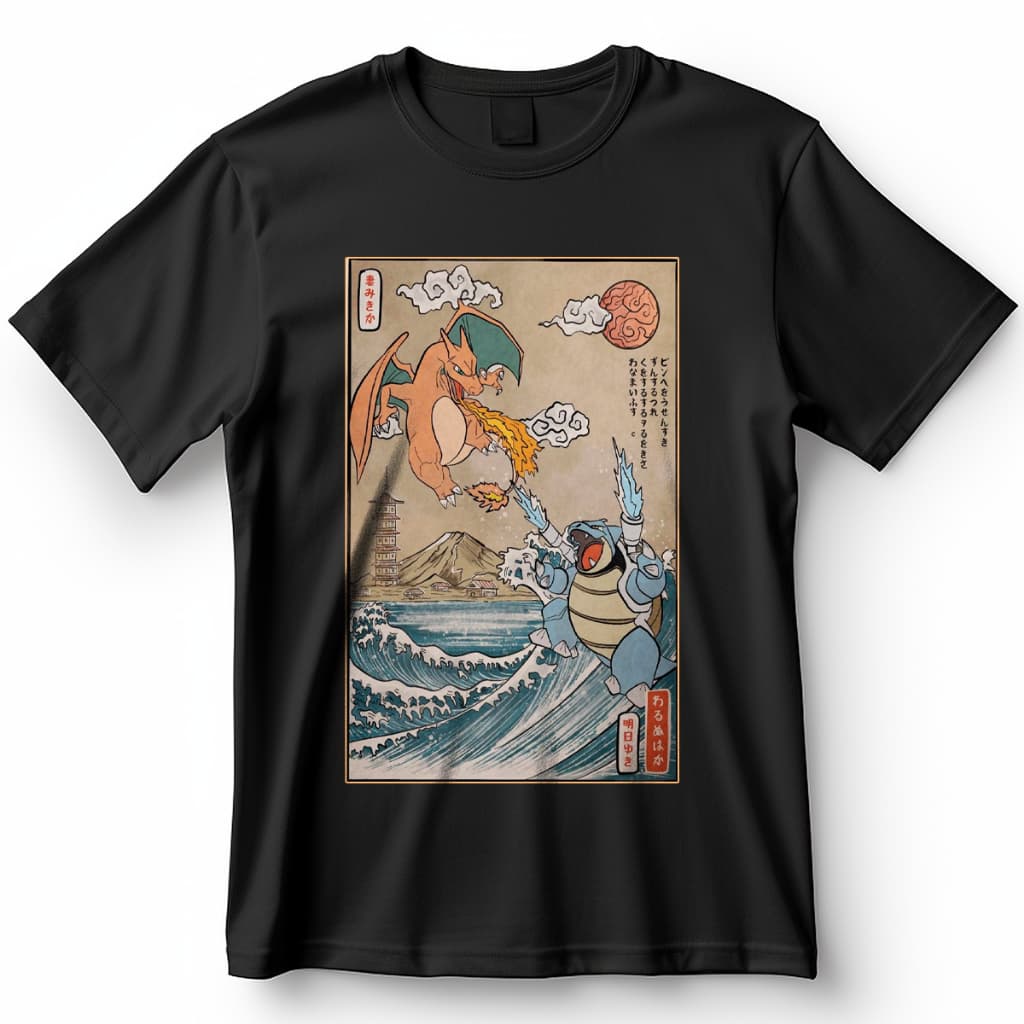 Camisa Pokemon Blastoise x Charmander Vintage Blusa Camiseta de Anime 100% Algodão