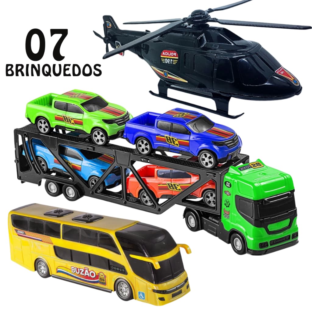 Kit Brinquedos Caminhão Carreta Cegonheira c/4 Carrinhos Pickup Ônibus Helicóptero Polícia Infantil