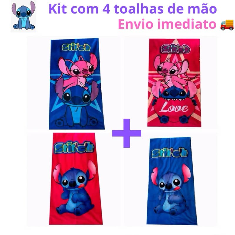 Kit Toalhas Lilo Stitch De Maos e Rosto Premium Azul e Rosa