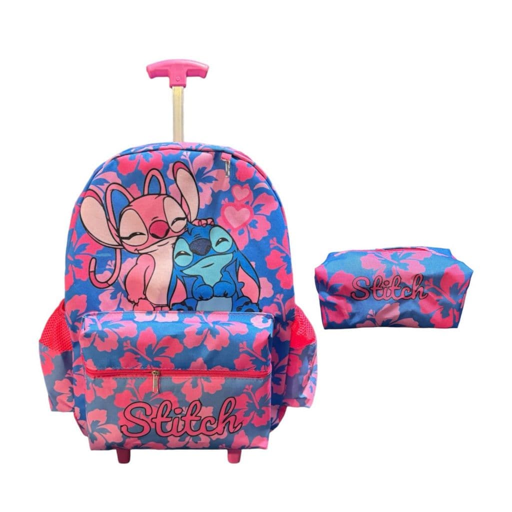 Mochila rodinha e estojo stitch e angel juvenil infantil tamanho grande