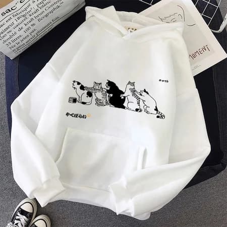 Moletom De Casal Fofo Estampa De Gato Simples E Versátil Japonês Largo Casual Masculino Feminino