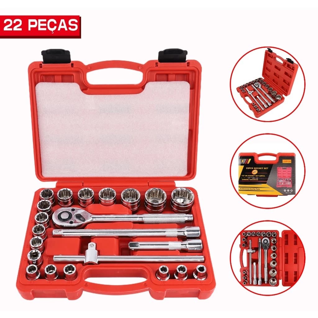 Kit Jogo de Soquetes Estriados 8 A 32mm 22 Pçs 1/2 Chave Catraca Reversível Originial Profissional