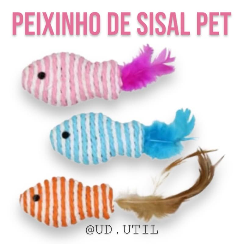 Brinquedo Fish Peixinho Pet Gato e Cachorro de Sisal Corda 9 cm com Plumas
