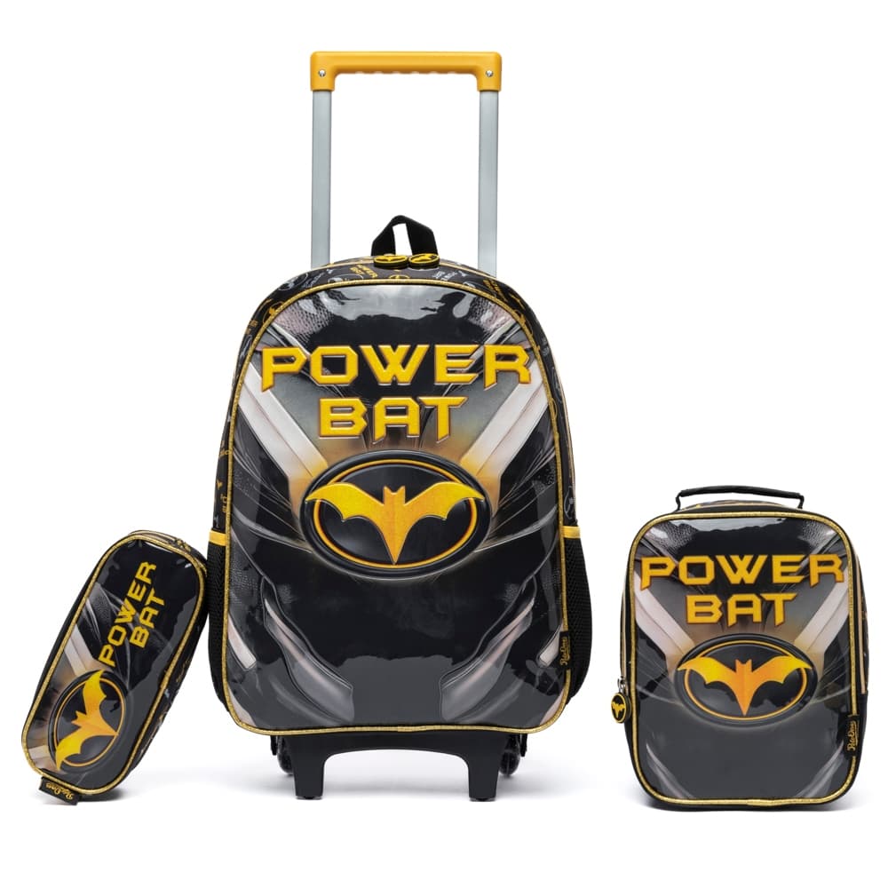 Kit Mochila Bolsa Escolar Rodinhas Menino Power Bat Lancheira Térmica Estojo Original