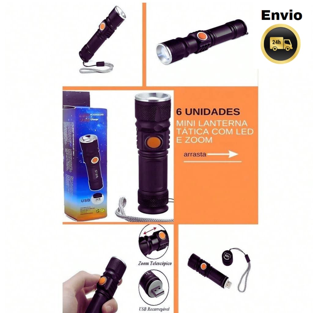 Kit 6 peças, Mini Lanterna Tática com Led e Zoom Recarregável Usb