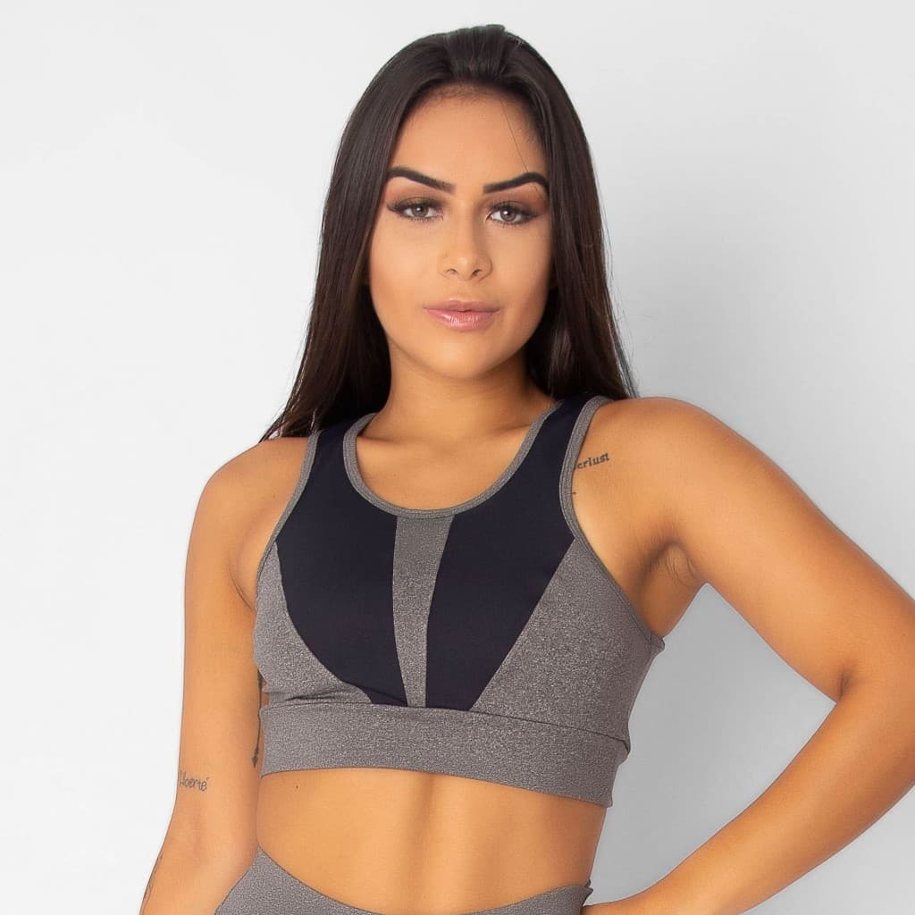 Top Nadador Fitness Feminino Elegance Mescla com Preto Top Academia Esportivo de Poliamida