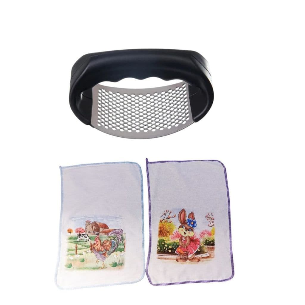 Kit 1 Amassador De Alho Inox + 2 Panos De Prato 100% Algodão