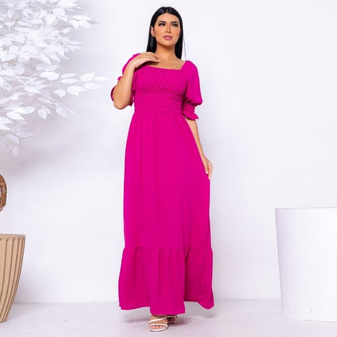 Vestido Longo Liso De Tecido Duna Lisa Lastex Com Manga 3/4