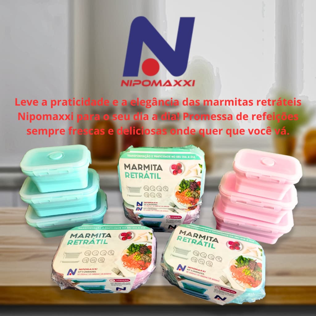 Conjunto 3 Marmitas de Silicone Retrátil Empilhável com Tampa Hermética Livre BPA Nipomaxxi