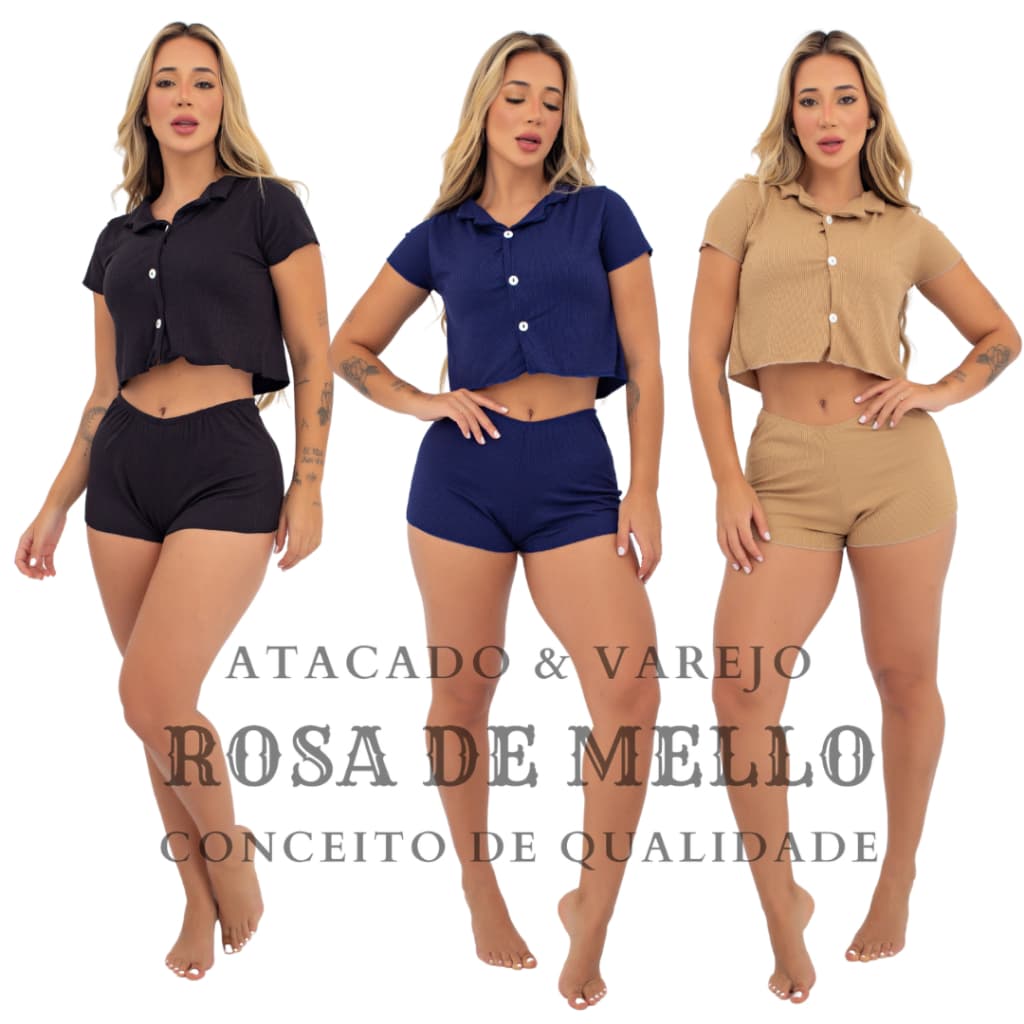 Pijama Feminino Botão Bloqueira Short Doll Americano Tecido Leve Canelado Luxo Plus Size Adulto