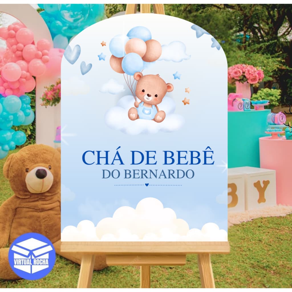 Quadro Decorativo Placa Ponta Redonda Arredondado Chá Bebe Azul Urso Balão Céu Nuvem Personalizado MDF