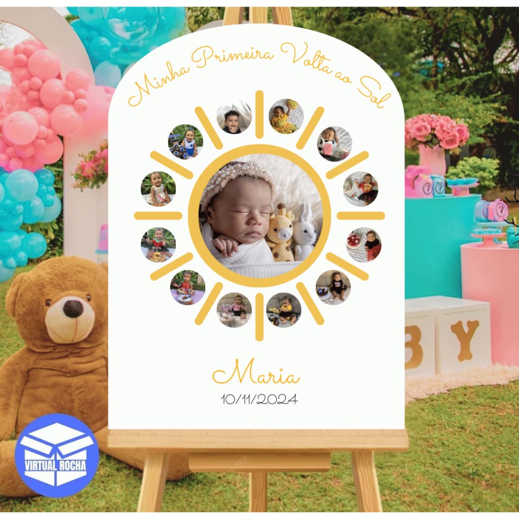 Quadro Decorativo Placa Ponta Redonda Personalizado 13 Fotos Sol Bebê 1 Ano Aniversário MDF
