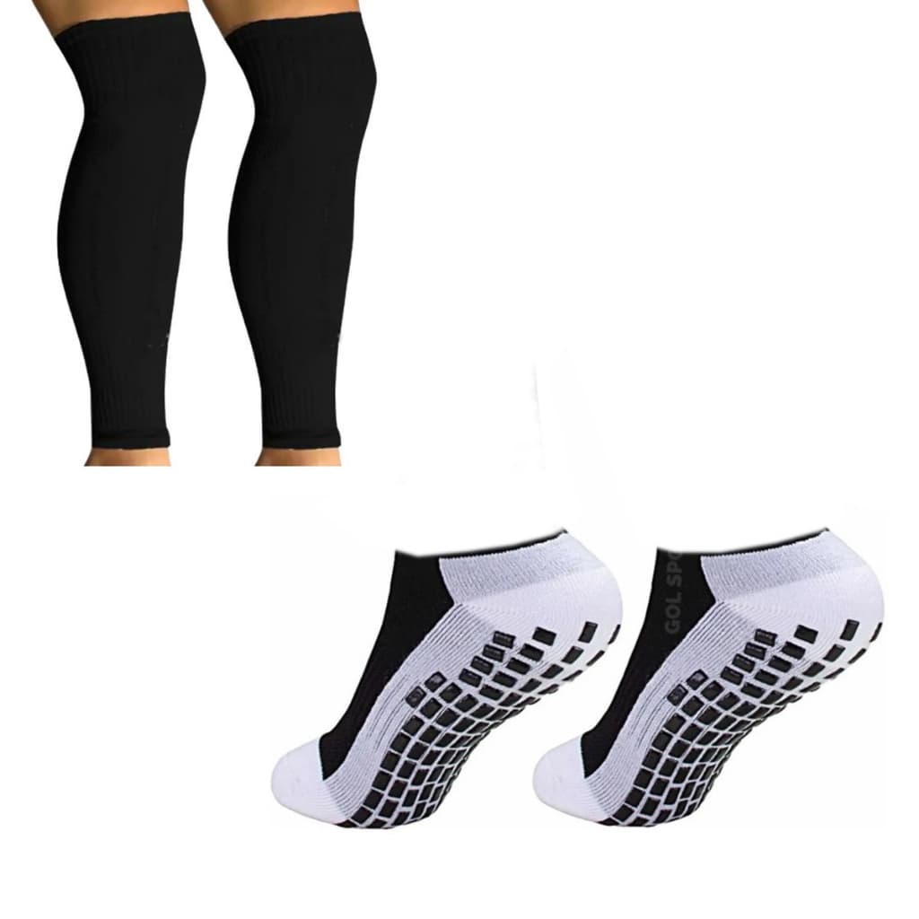 Kit Meias Esportivas Sapatilha Anti Derrapante + Canelito de Compressão Protetor de Canela