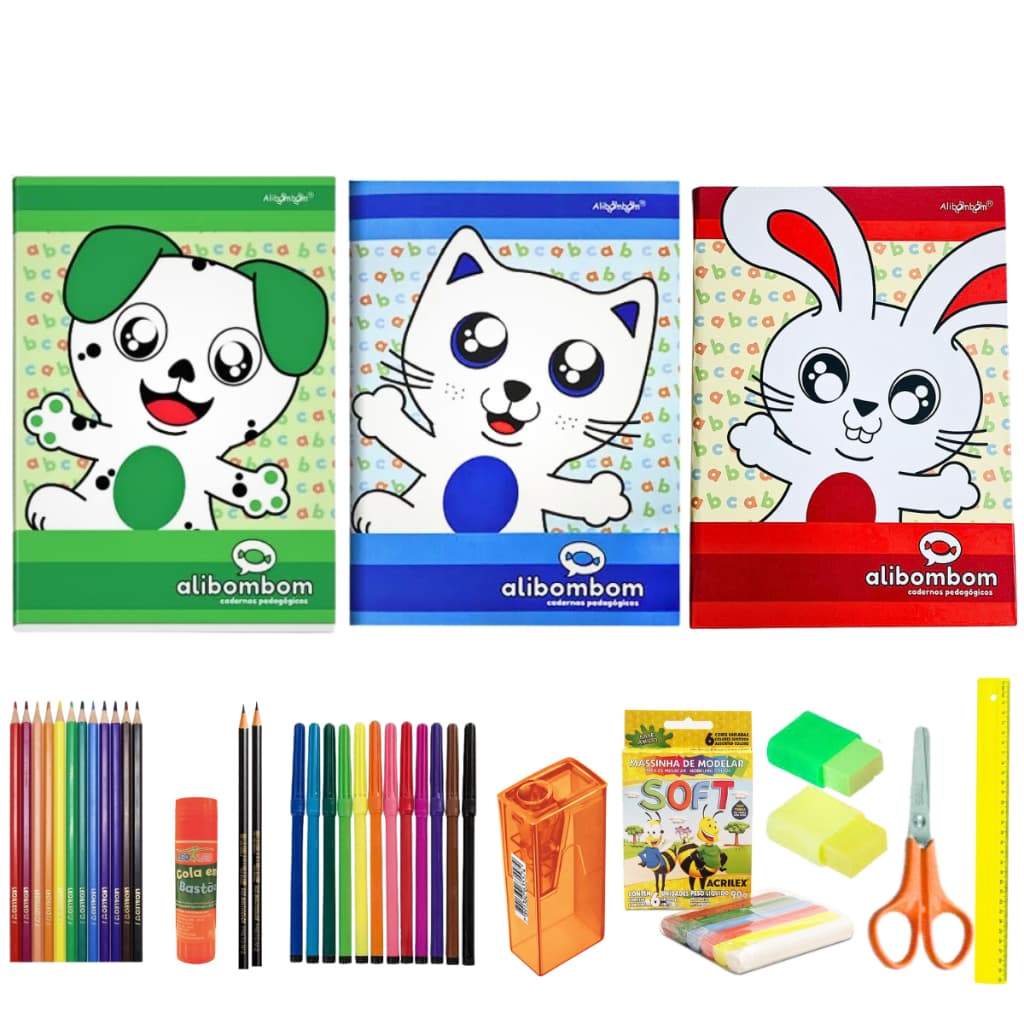 KIt 04 Cadernos Alibombom + Acessórios Brochura Criança Anos Iniciais 123x
