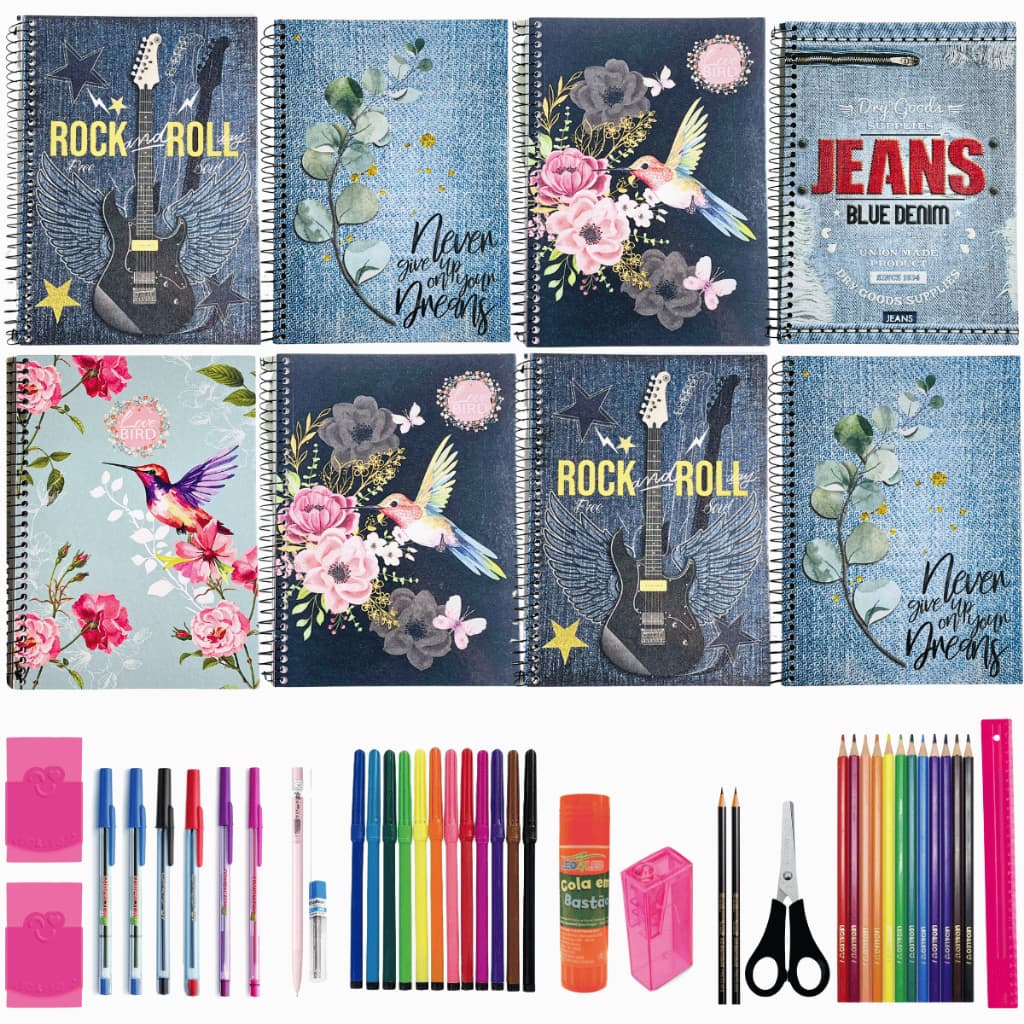 Caderno + Acessórios Teen 96 folhas espiral menina estampa Jeans Máxima Luxo Universitário