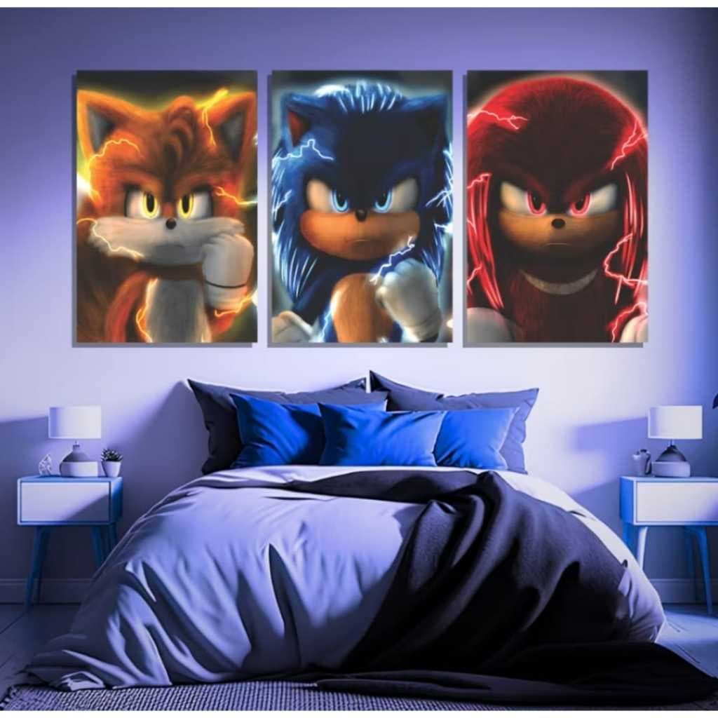 Quadros do Sonic, Tails e Knuckles 90x70 3 Peças Imperdíveis!