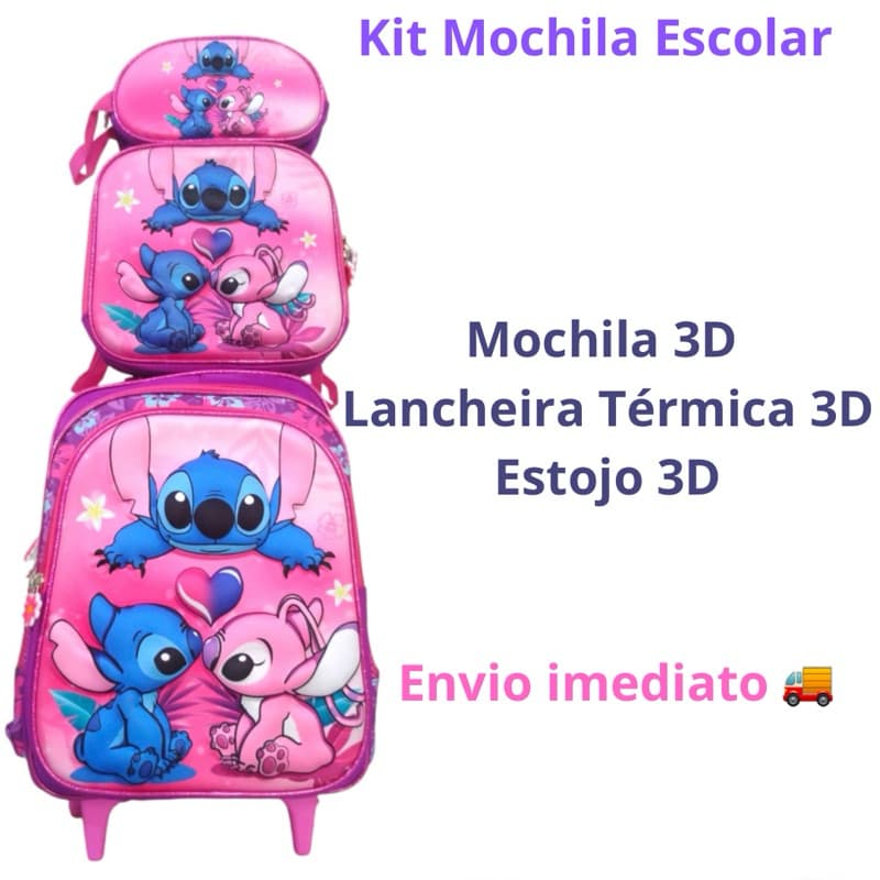Kit Mochila Escolar Stitch Com Três Peças 3D Grande Resistente Impermeável Menina Menino Rodinha