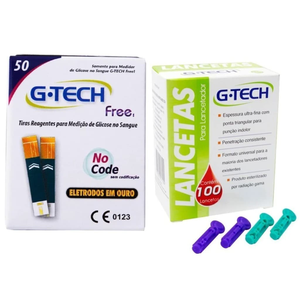 Kit 50 Tiras Reagentes G-Tech Free + 100 Lancetas G-Tech