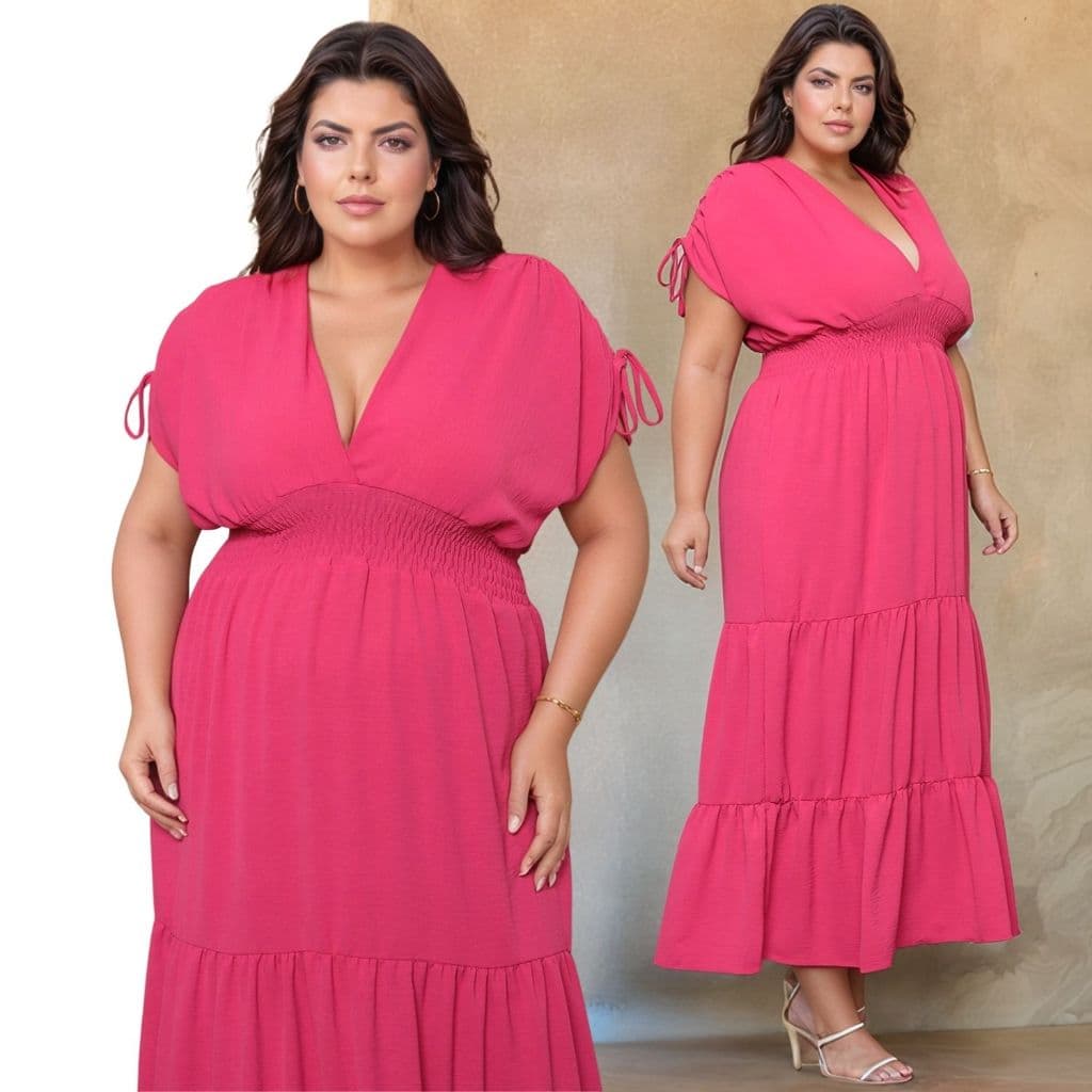 Vestido Longo Manga Curta Plus Size Detalhes De Amarrar Na Manga Decote V Com Babado Festa Madrinha