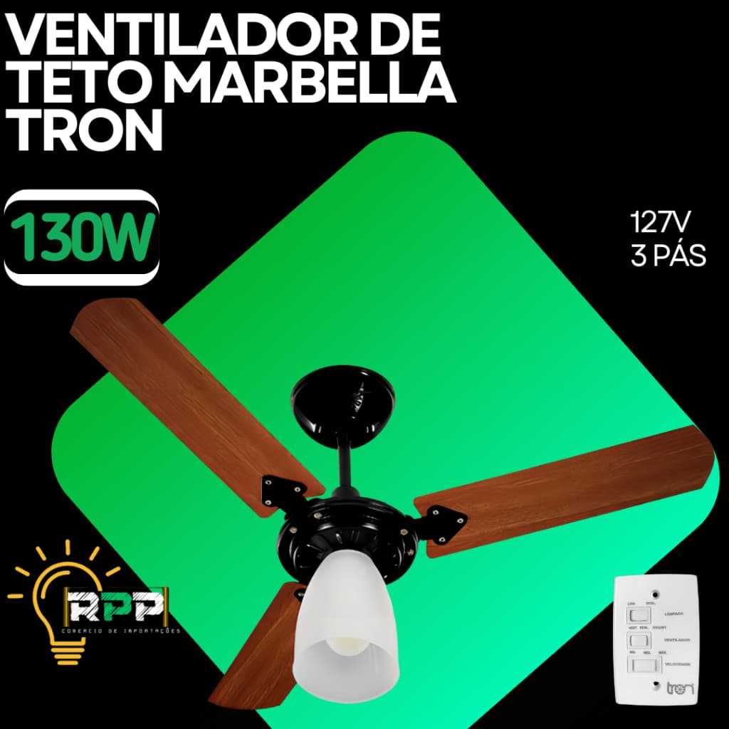 Ventilador De Teto Marbella 3 Velocidades Preto Madeira 127v 130w Tron