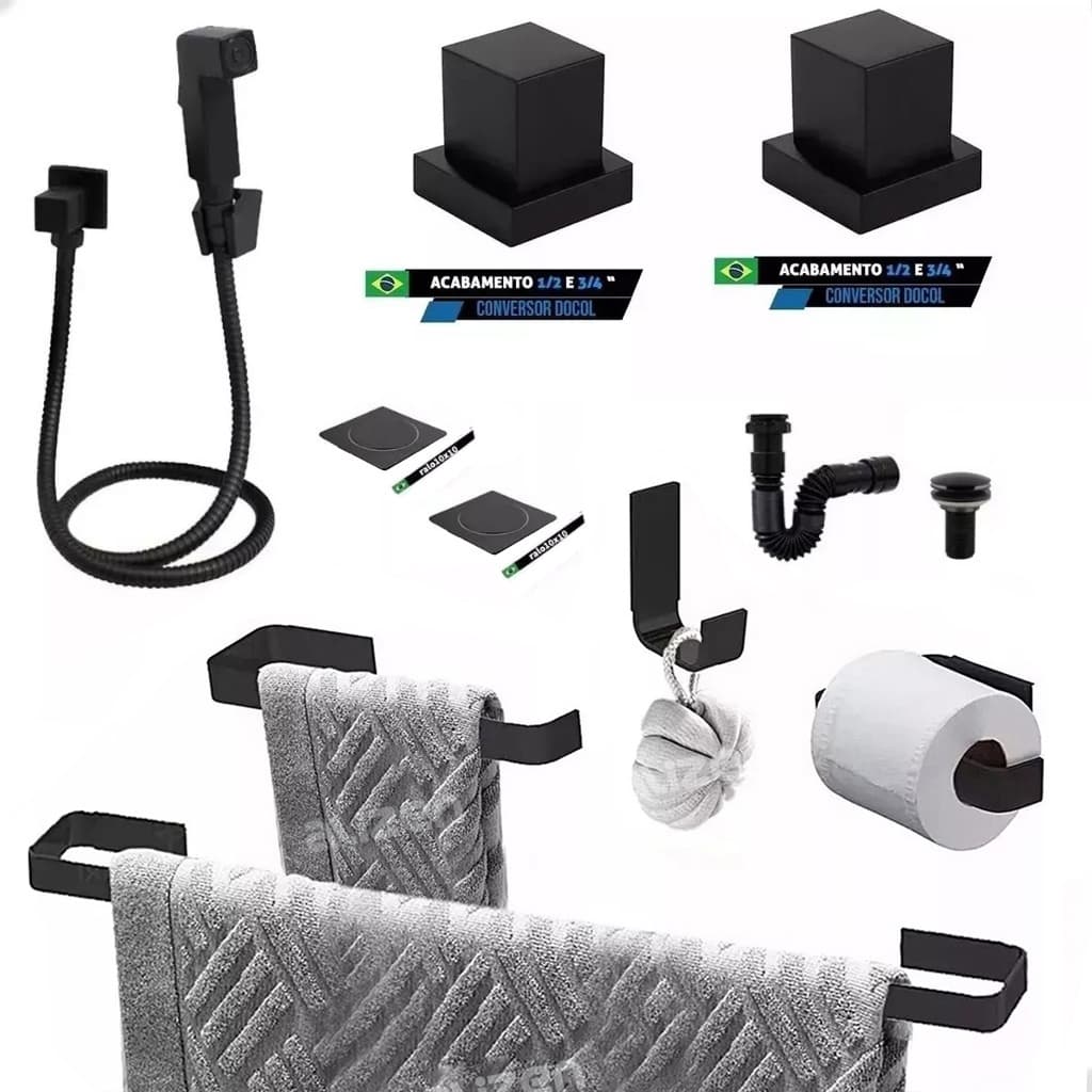 Kit De Acessórios Para Banheiro Preto Ralo click inteligente e Sifão Acabamentos Registro Docol