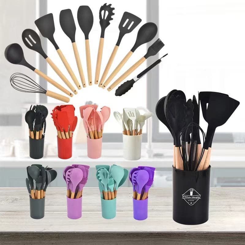 Kit 12 Peças Utensílios Cozinha Silicone Maciço Com Cabo De Madeira Colheres