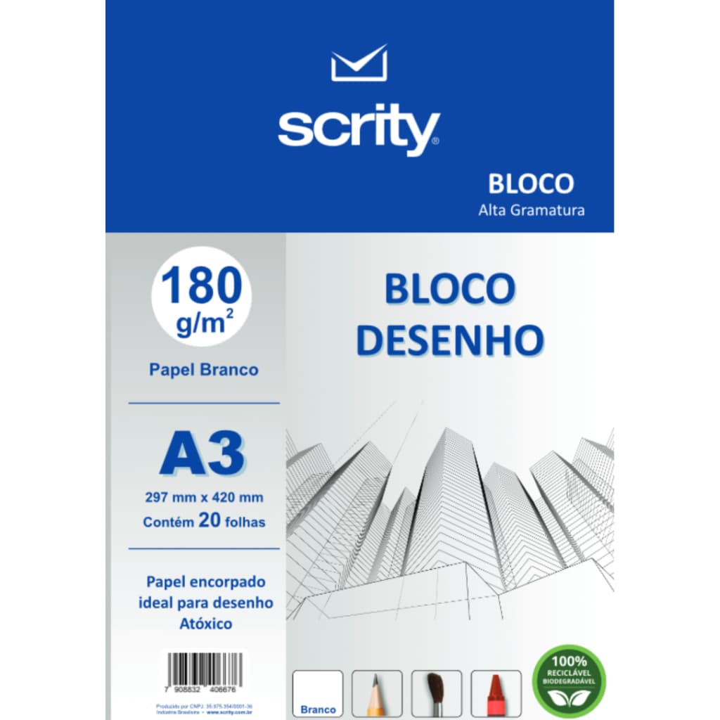 Bloco de Desenho Branco 20 folhas A3 180g Scrity