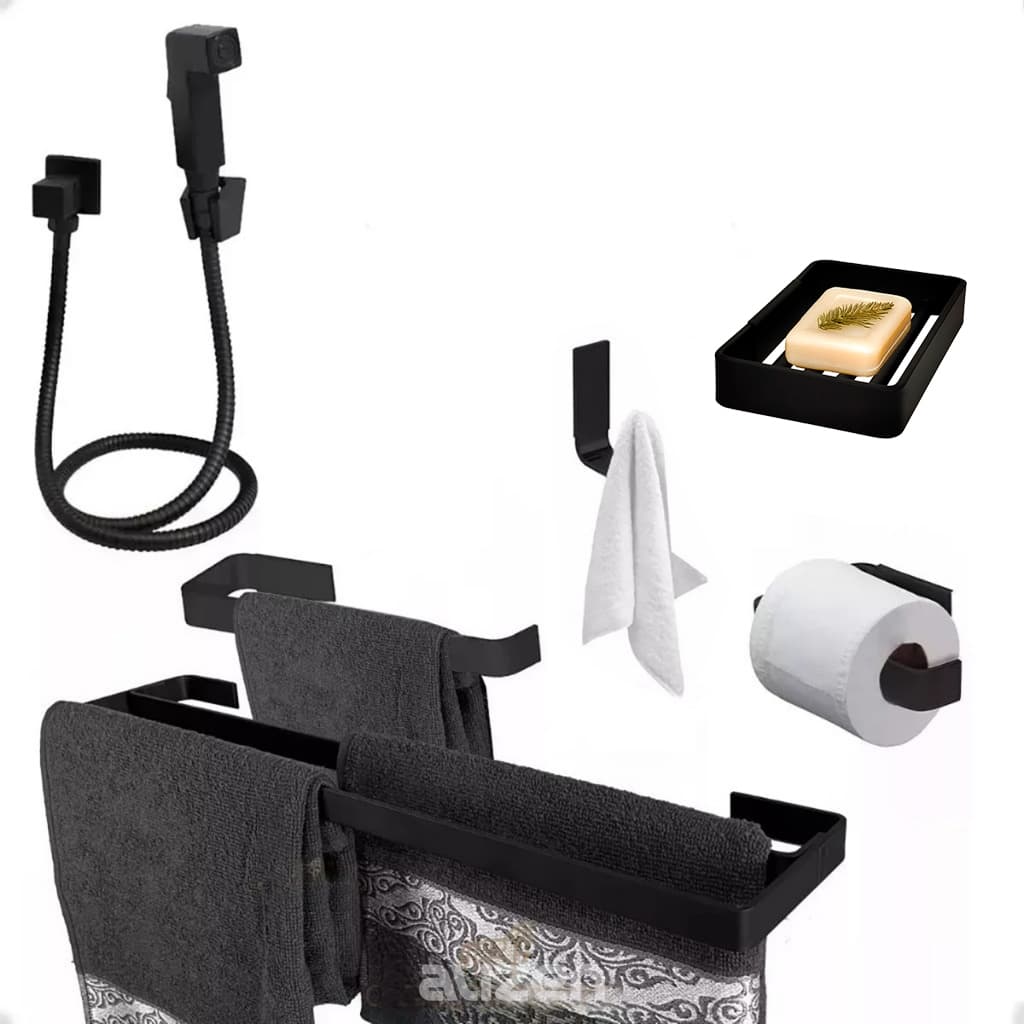 Kit De Acessórios Preto Toalheiro Duplo Banheiro E Ducha higiênica itens para banheiro