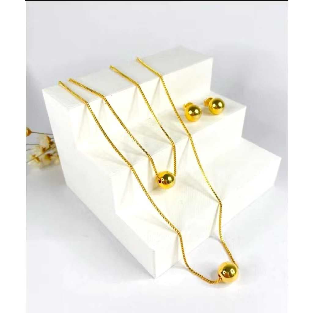 Conjunto Colar Duplo Bolinha e Brincos Bolinha Folheados em Ouro 18K/Prata Moda Feminina Presente