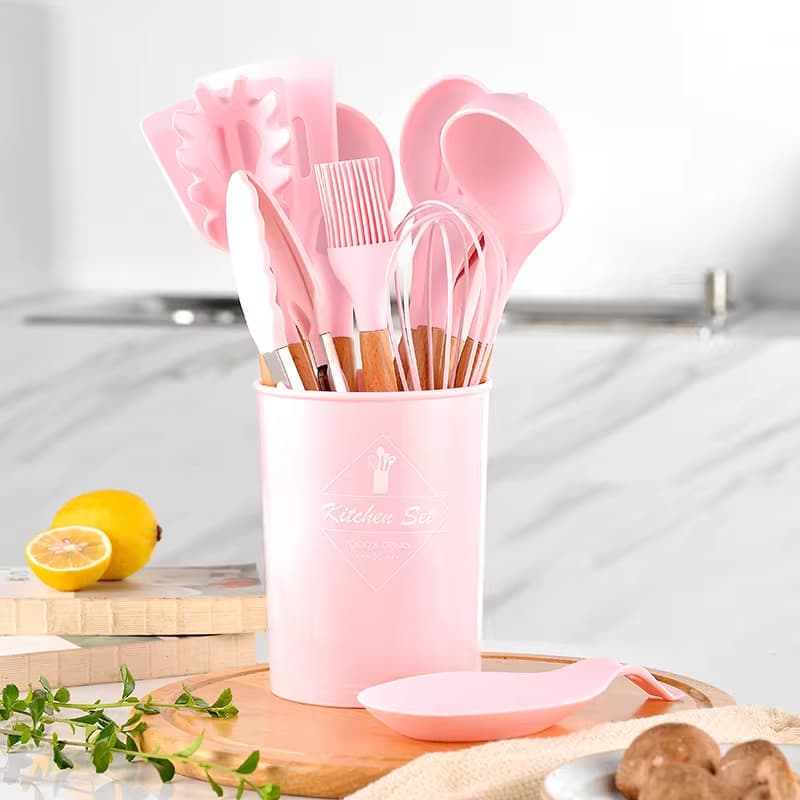 Kit 12 Peças Utensílios Cozinha Silicone Maciço Com Cabo De Madeira Colheres